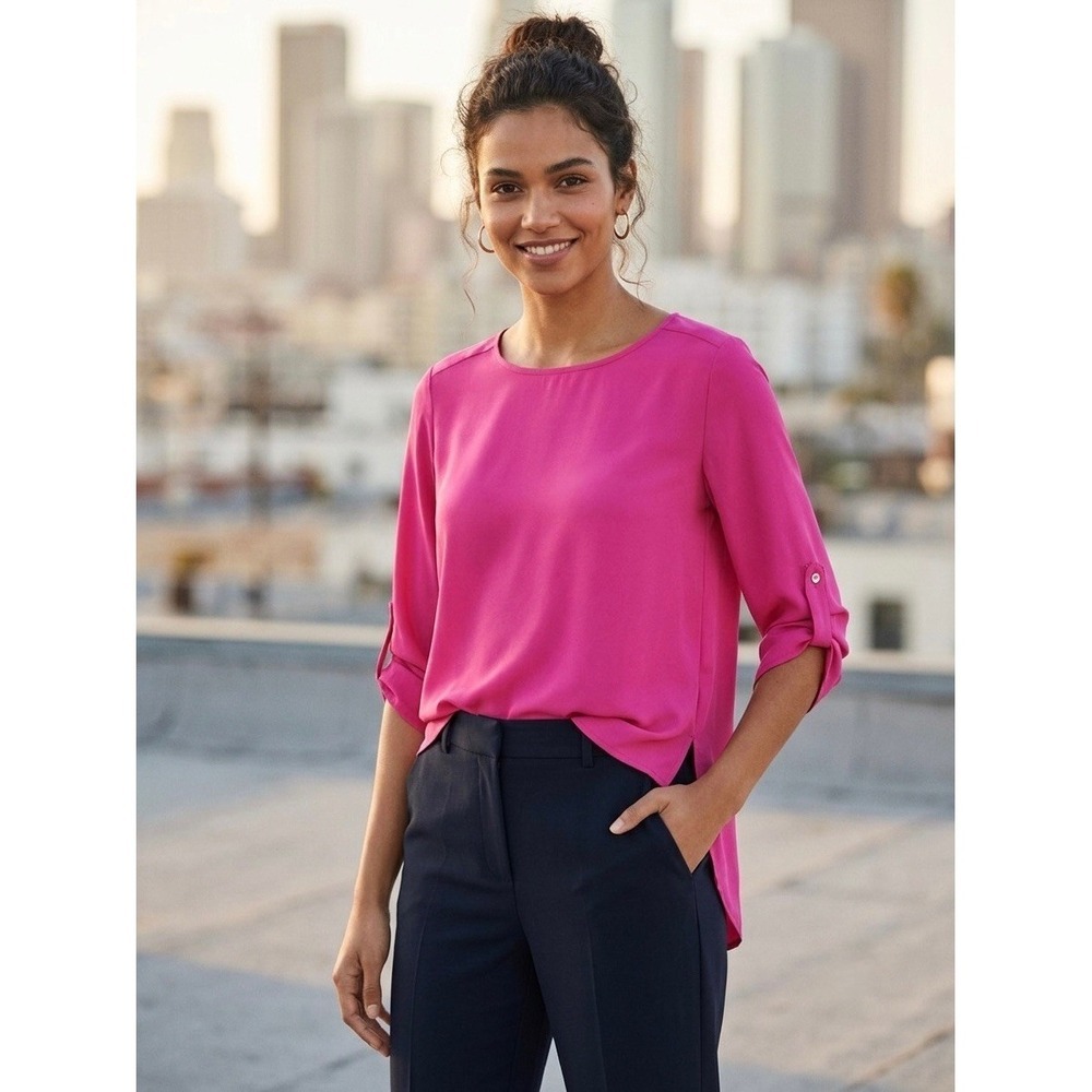 Zara Basic Fuchsia Pink Roll Tab Sleeve Blouse Round Neck High Low Hem Small